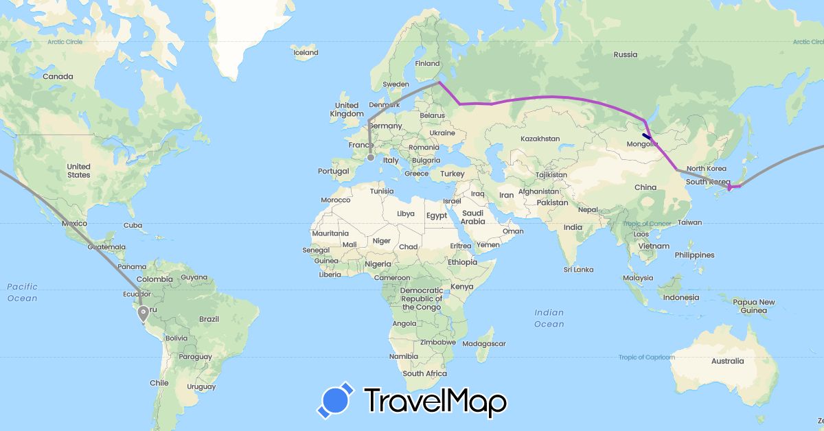 TravelMap itinerary: driving, plane, train in China, Ecuador, France, Japan, Mongolia, Mexico, Netherlands, Peru, Russia (Asia, Europe, North America, South America)